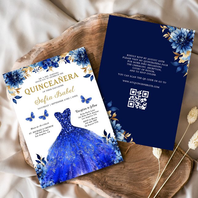 Floral Royal Blue QR Code Princess Quinceanera Einladung (Von Creator hochgeladen)
