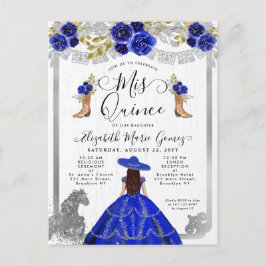 Floral Royal Blue Silver Charra Horse Quinceanera Einladungspostkarte