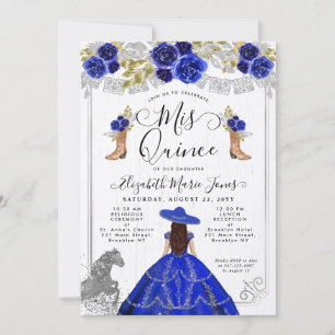Floral Royal Blue Silver Horse Charra Quinceanera Einladung