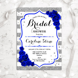 Floral Royal Blue Silver Streifen Brautparty Einladung