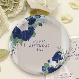 Floral Royal Blue und Ivory Rose Personalisiert Pappteller