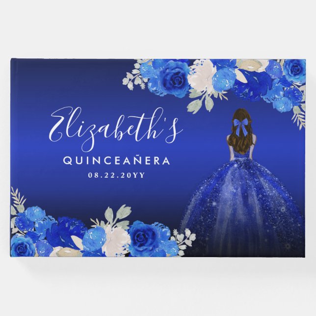 Floral Royal Dark Blue Dress Birthday Quinceanera Gästebuch (Vorderseite)