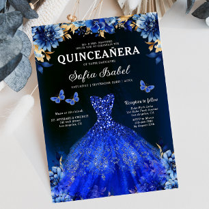Floral Royalblau Zweisprachige Spanische Quinceane Einladung