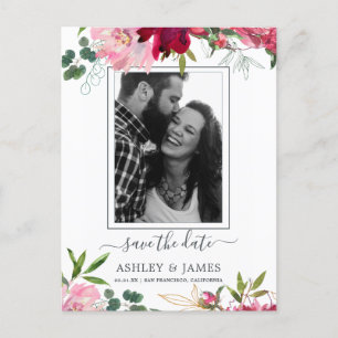 Floral Ruby Pink Peony Bouquet Foto Save the Date Ankündigungspostkarte