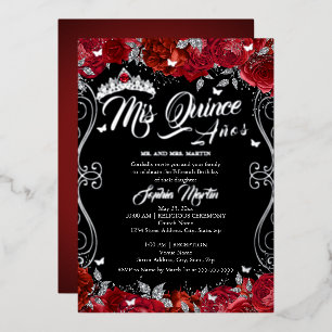 Floral Ruby Red Black Mis Quince Quinceanera Folieneinladung