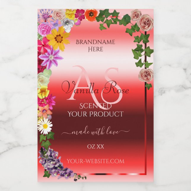 Floral Ruby Red Gradient Product Labels Monogram Lebensmitteletikett (Einzelnes Label)
