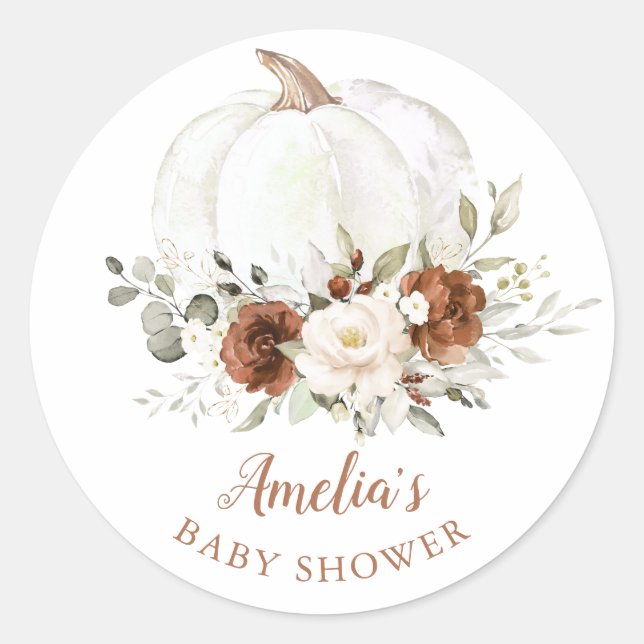 Floral Rust Cream Pumpkin Baby Dusche Runder Aufkleber (Vorderseite)
