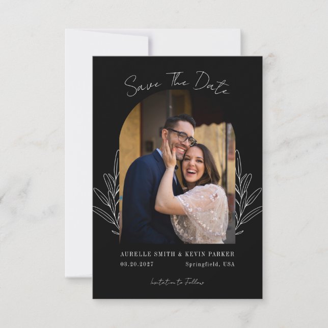 Floral Rustic Arch Photo Black Wedding Monogram Save The Date (Vorderseite)