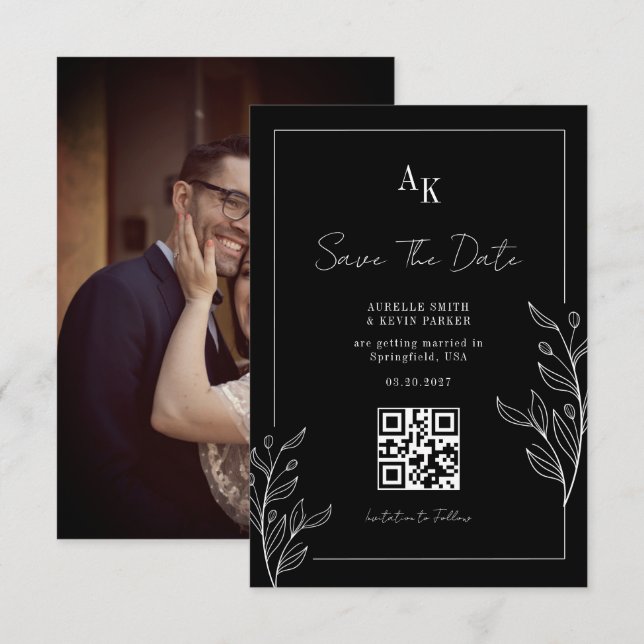 Floral Rustic Black Elegant Photo Back QR Wedding Save The Date (Vorne/Hinten)