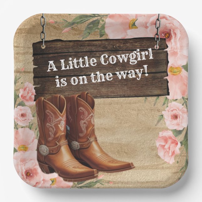 Floral Rustic Cowgirl Boots Baby Dusche Pappteller (Vorderseite)