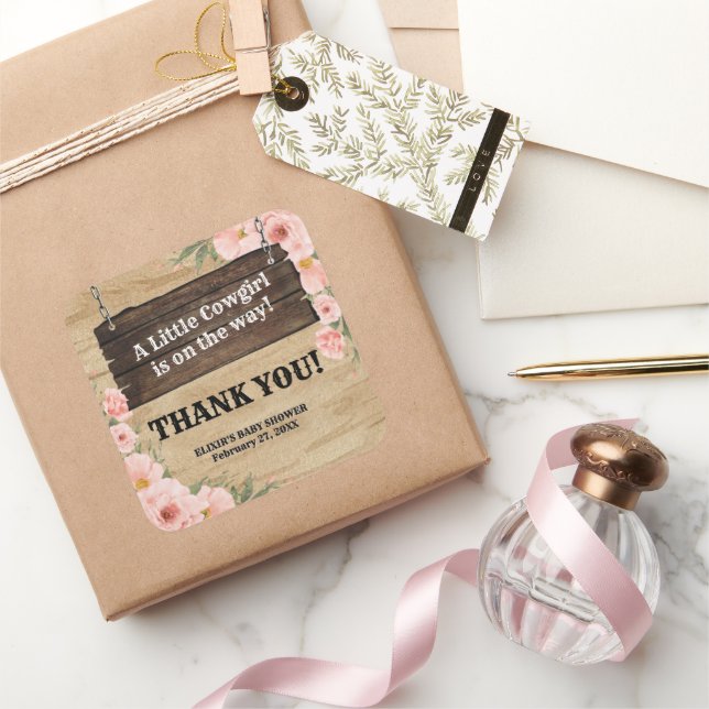 Floral Rustic Cowgirl Boots Baby Dusche Quadratischer Aufkleber (Schenken)