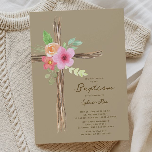 Floral Rustic Cross Baptism Invitation Einladung (Von Creator hochgeladen)