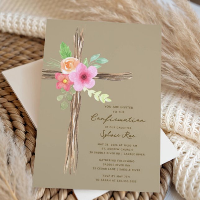 Floral Rustic Cross Confirmation Invitation Einladung (Von Creator hochgeladen)