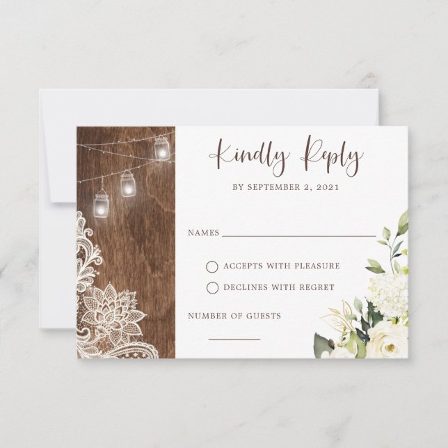 Floral rustic Holz Spitzen Lichter Mason Jar Einladung (Vorderseite)