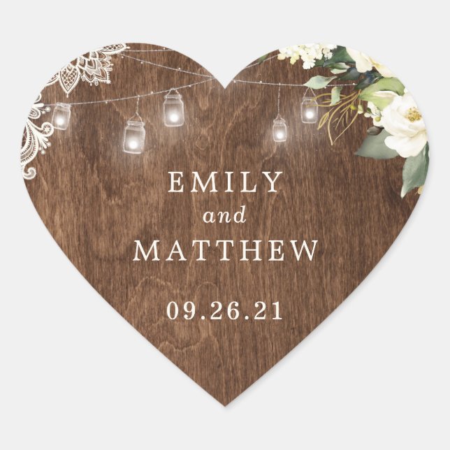Floral rustic Holz Spitzen Lichter Mason Jar Herz-Aufkleber (Vorderseite)