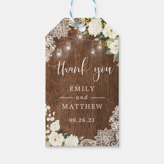 Floral rustic Holz Spitzen Lichter Mason Jars Geschenkanhänger (Vorderseite)