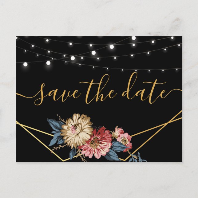 Floral Rustic Magnolia String Lights Save the Date Ankündigungspostkarte (Vorderseite)