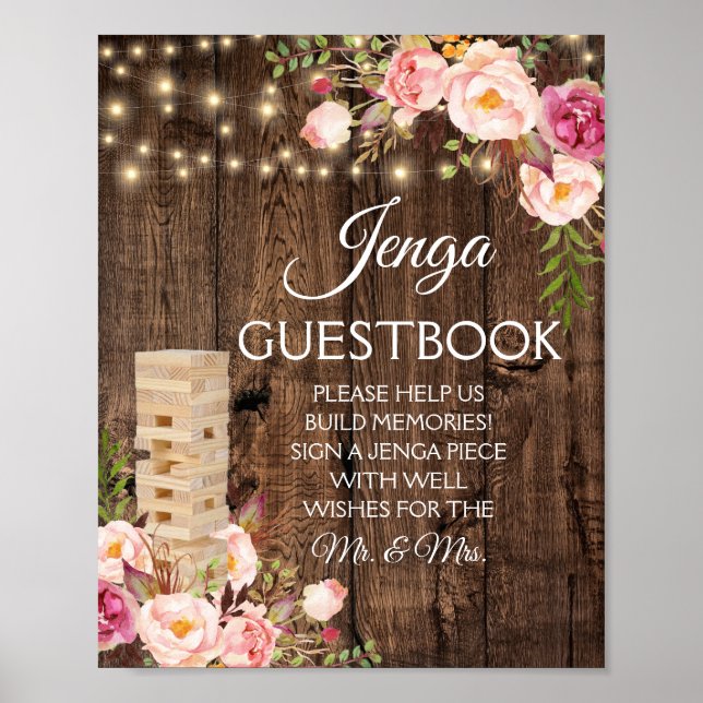 Floral Rustic Wedding Jenga Gästebuchsigne Poster (Vorne)