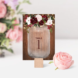 Floral Rustic Wood Burgundy Mason Jar Wedding Tischnummer