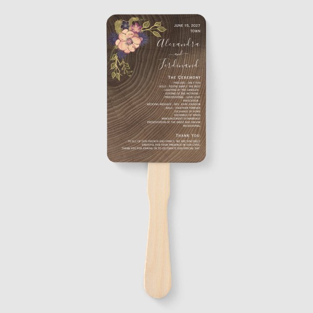 Floral Rustic Wood Wedding Programm Hand Fan Fächer (Vorderseite)