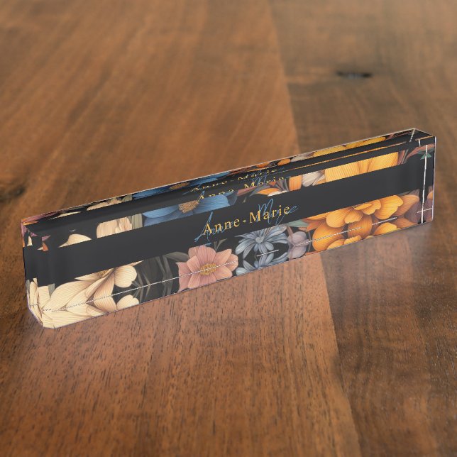 Floral rustikal Vintage elegante schwarz Namensplakette (Seite)