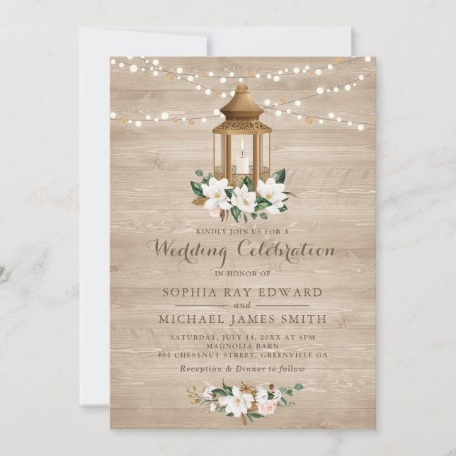 Floral rustikales Holz Lantern Magnolia String Lig Einladung (Vorderseite)