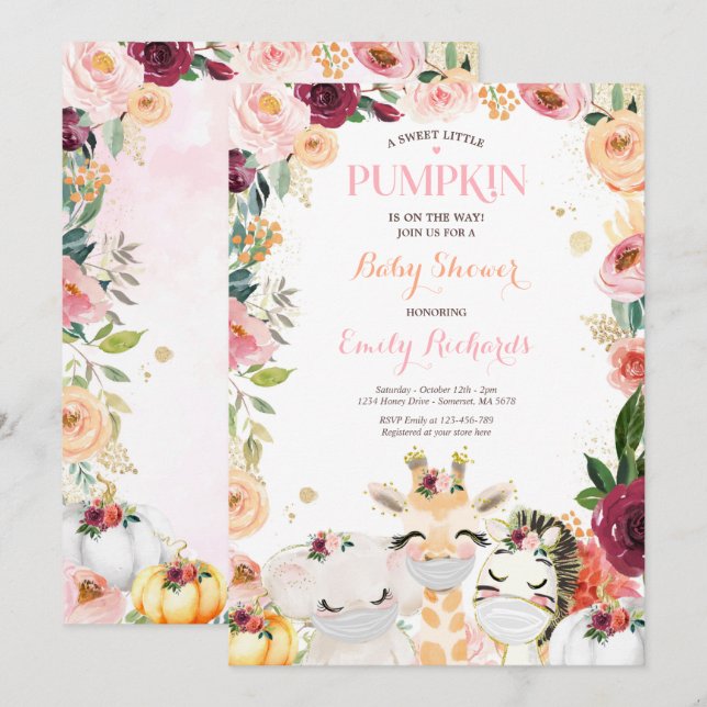 Floral Safari Tiere Fall Pumpkin Baby Dusche Einladung (Vorne/Hinten)