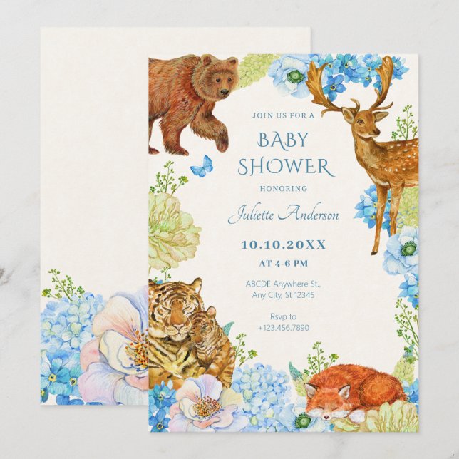 Floral safari Wald Mutter Natur Babydusche Einladung (Vorne/Hinten)