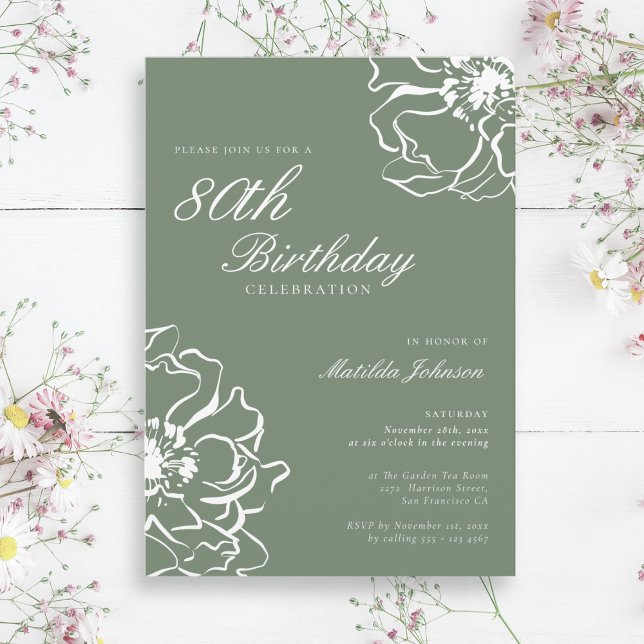 Floral Sage 80. Geburtstagsparty Einladung (Floral Sage 80th Birthday Party Invitation)