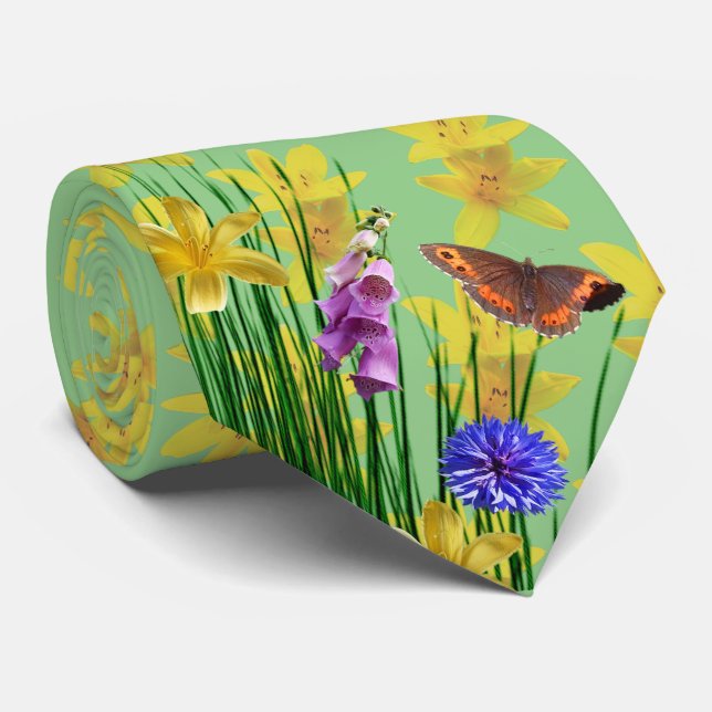 Floral Sage Dragonfly Butterfly Neck Tie Krawatte (Gerollt)