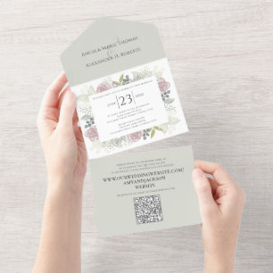 Floral Sage Dusty Rose Classic Greenery QR Code All In One Einladung