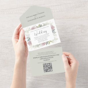 Floral Sage Dusty Rose Classic Greenery QR Code All In One Einladung