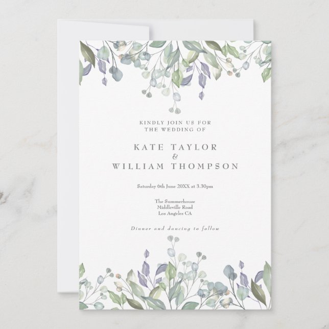 Floral Sage Flieder Grün QR Code Hochzeit Einladung (Vorderseite)