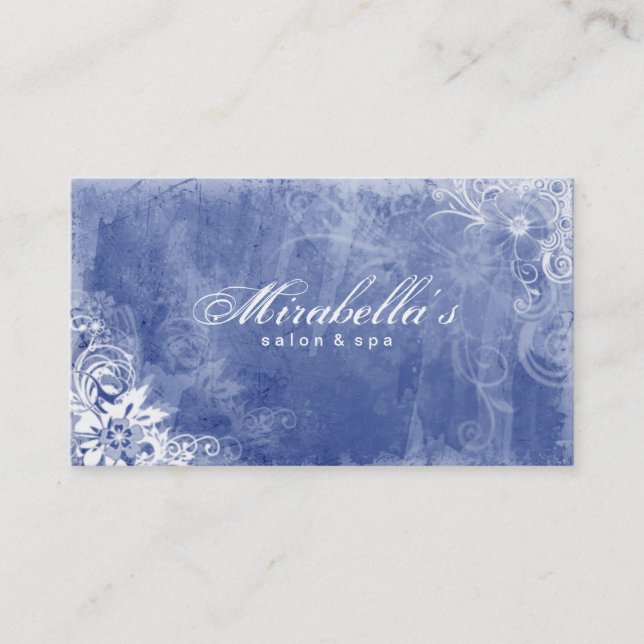 Floral Salon Spa Business Card Grunge Blue Denim W Visitenkarte (Vorderseite)