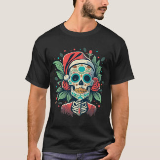 Floral Santa Skull with Roses Day of the Dead Art T-Shirt