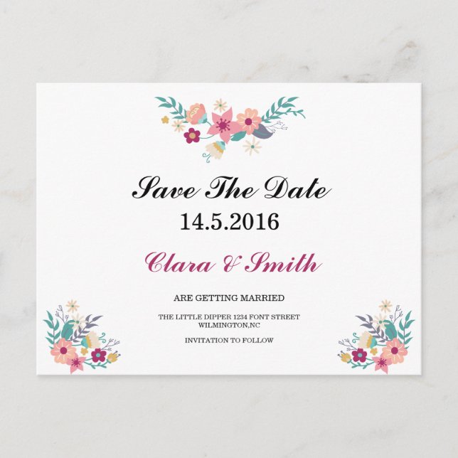 Floral Save the Date Card Ankündigungspostkarte (Vorderseite)