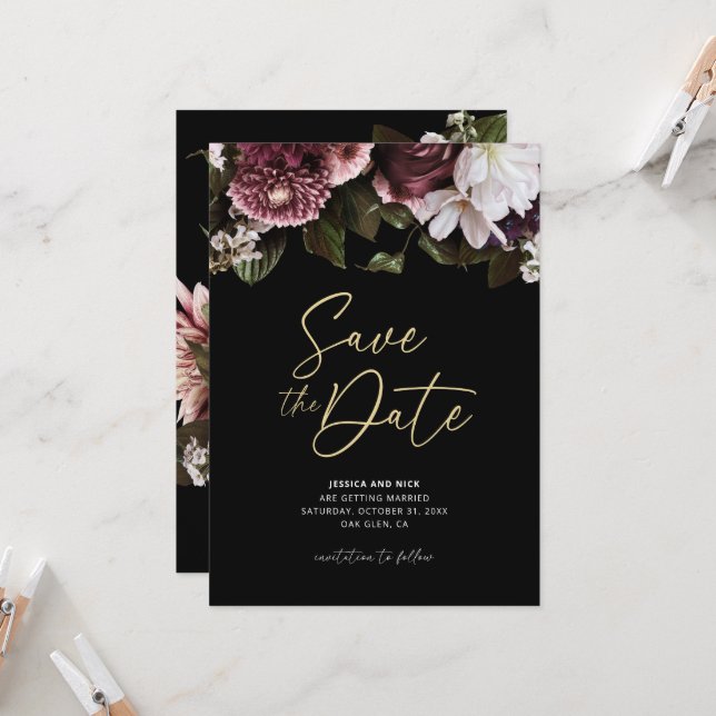 Floral Save the Date, Moody Save the Date Einladung (Vorderseite/Rückseite Beispiel)