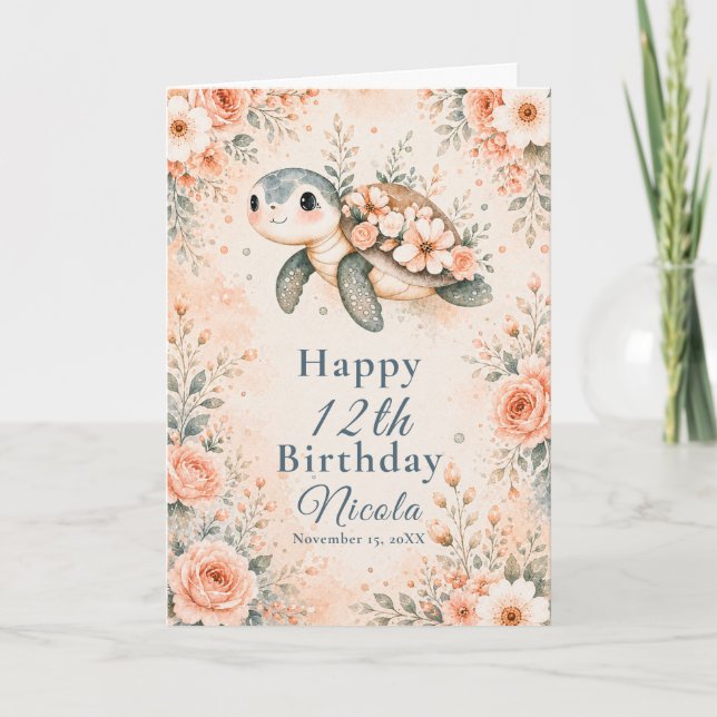 Floral Schildkröten-Geburtstag Karte (Vorderseite)