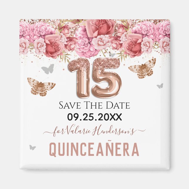 Floral Schmetterlinge Pink Quinceañera Save the Da Magnet (Vorne)