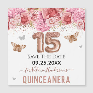 Floral Schmetterlinge Pink Quinceañera Save the Da Magnetkarte