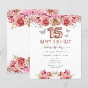 Floral Schmetterlinge Rosa Glückwunsch 15. Geburts