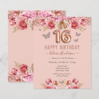 Floral Schmetterlinge Rosa Glückwunsch 16. Geburts