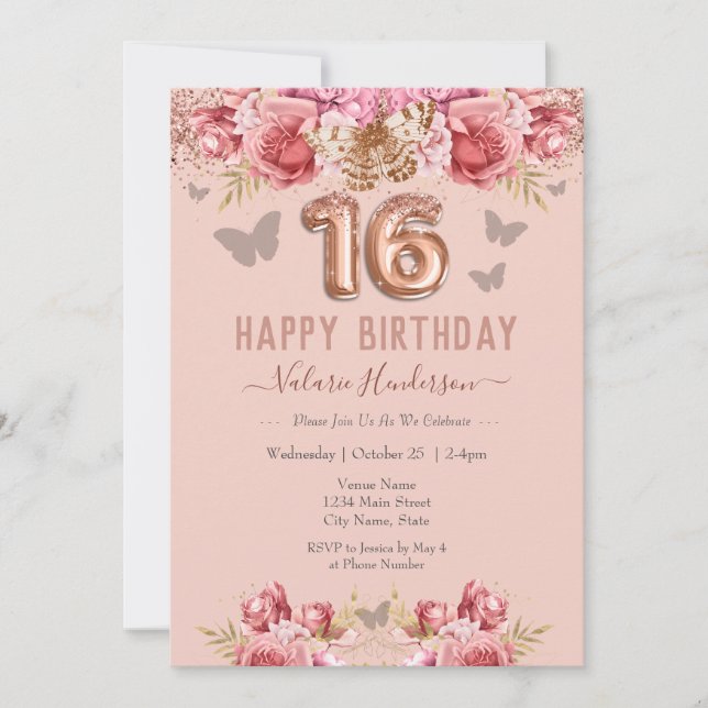 Floral Schmetterlinge Rosa Glückwunsch 16. Geburts (Vorderseite)