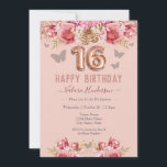 Floral Schmetterlinge Rosa Glückwunsch 16. Geburts<br><div class="desc">Girly Glitzer,  Jahrtausende pink Hintergrund,  mit extravagantem Skriptnamen Typografie. Imitate Rose Gold 16 Ballontext. Rosa Rosen und Schmetterling oberer Rand. Ideal für süße 16 Feiern.</div>
