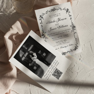Floral Schwarz Weiß Botanisch QR Code Foto Hochzei Einladung
