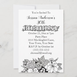 Floral Schwarz-weiß Dreißigste 30. Geburtstag Einl Einladung