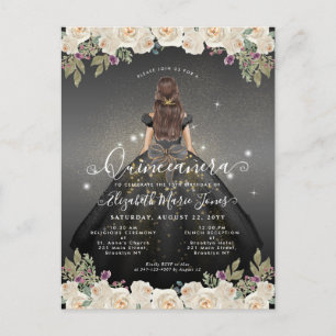 Floral Schwarz-weiß Glam Princess Quinceanera Postkarte