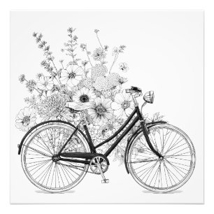 Floral Schwarz-weißes Vintages Fahrrad Zeichnend Fotodruck