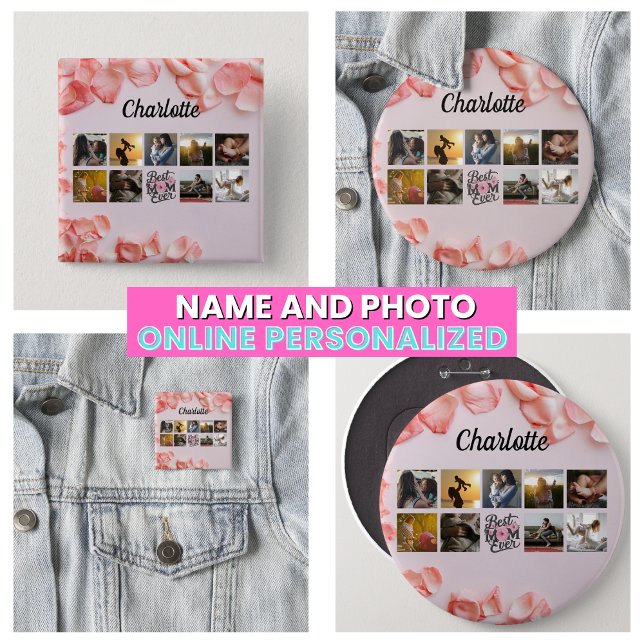 Floral Script Beste Mama je rosa FotoCollage Button (Floral Script Best Mom Ever Pink Photo Collage Button
)