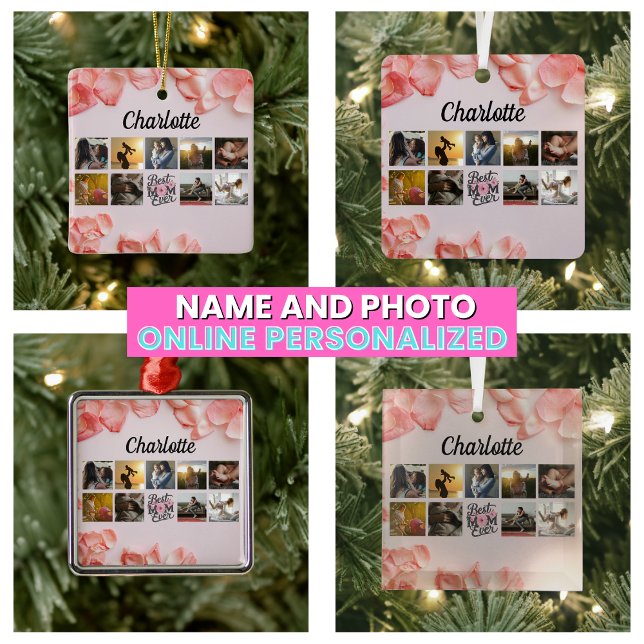 Floral Script Beste Mama je rosa FotoCollage Keramikornament (Floral Script Best Mom Ever Pink Photo Collage Ceramic Ornament
)